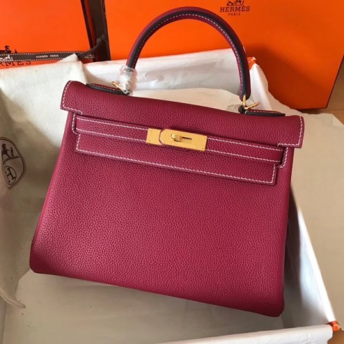 Hermes originální Togo kožená kabelka Kelly KL320 fuchsiová