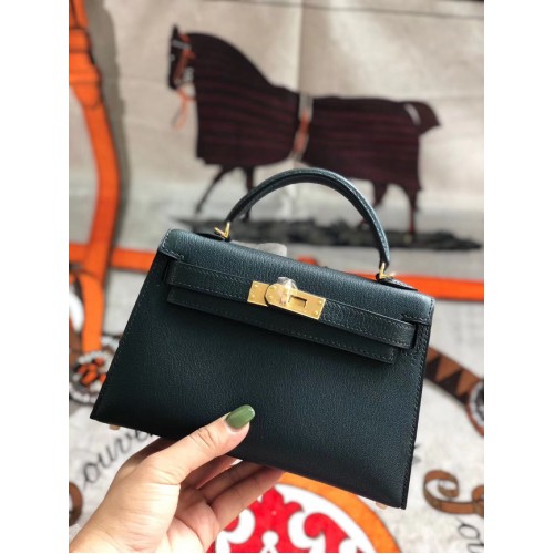 Hermes originální mini Kelly chevre mysore K19CM černozelená a zlatá kovová