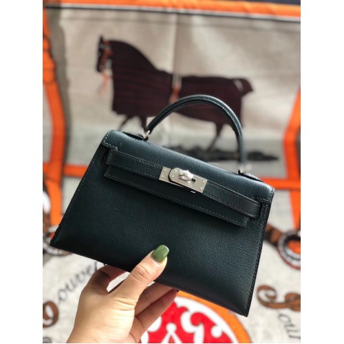 Hermes originální mini Kelly chevre mysore K19CM černozelená a stříbrná kovová