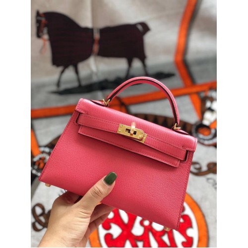 Hermes originální mini Kelly chevre mysore K19CM meloun červená a zlatá kovová