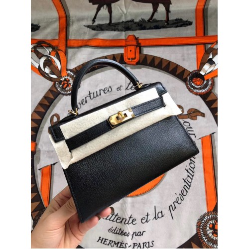 Hermes originální mini Kelly chevre mysore K19CM černá a zlatá kovová