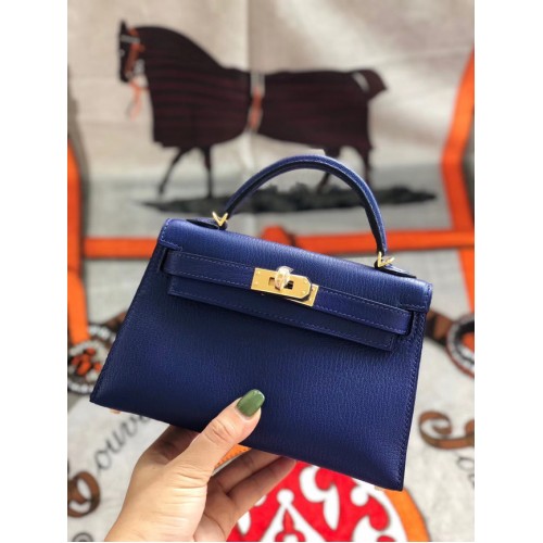 Hermes originální mini Kelly chevre mysore K19CM modrá a zlatá kovová