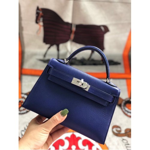 Hermes originální mini Kelly chevre mysore K19CM modrá a stříbrná kovová