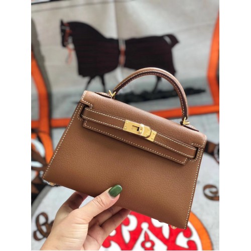 Hermes originální mini Kelly chevre mysore K19CM hnědá a zlatá kovová