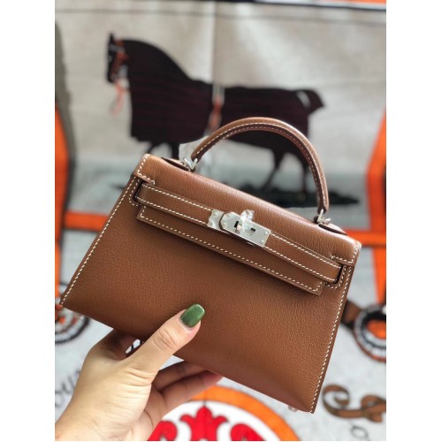 Hermes originální mini Kelly chevre mysore K19CM hnědá a stříbrná kovová