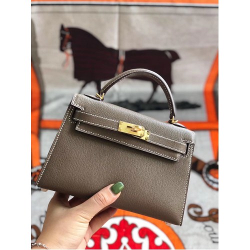 Hermes originální mini Kelly chevre mysore K19CM šedá a zlatá kovová