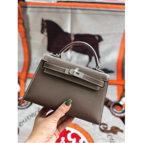 Hermes originální mini Kelly chevre mysore K19CM šedá a stříbrná kovová