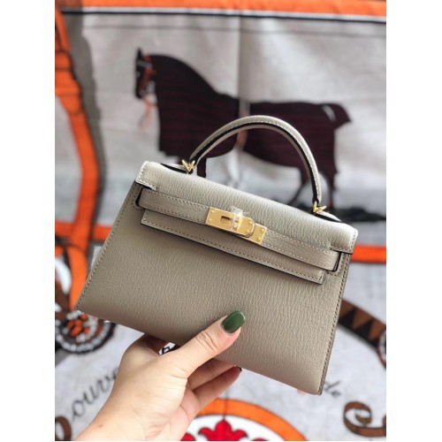 Hermes originální mini Kelly chevre mysore K19CM světle šedá a zlatá kovová