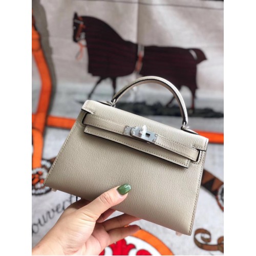 Hermes originální mini Kelly chevre mysore K19CM světle šedá a stříbrná kovová