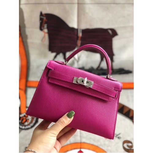 Hermes originální mini Kelly chevre mysore K19CM růžová a stříbrná kovová