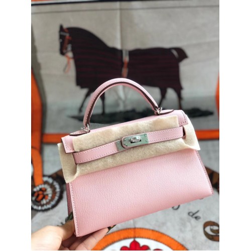 Hermes originální mini Kelly chevre mysore K19CM růžová a stříbrná kovová