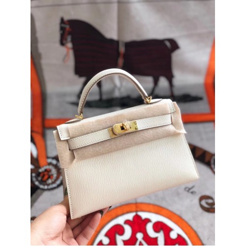 Hermes originální mini Kelly chevre mysore K19CM bílá a zlatá kovová