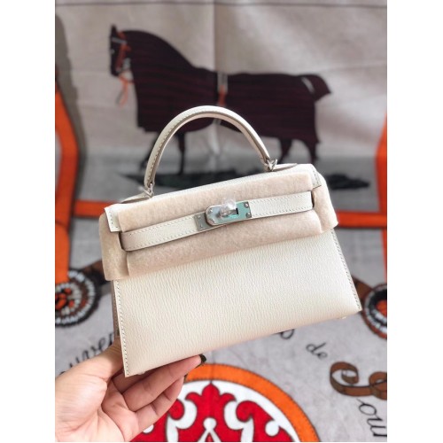 Hermes originální mini Kelly chevre mysore K19CM bílá a stříbrná kovová