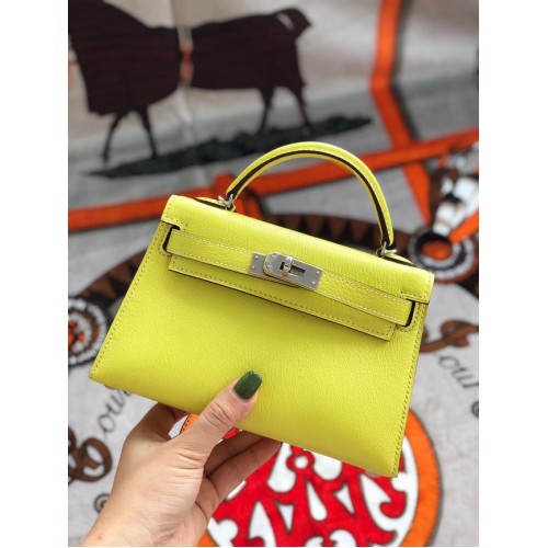 Hermes originální mini Kelly chevre mysore K19CM žlutá a stříbrná kovová