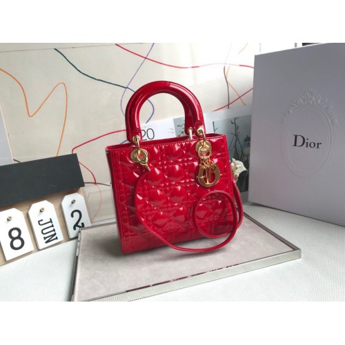 LADY DIOR MY ABCDIOR Lakovaná kožená kabelka červená M05389 zlatá