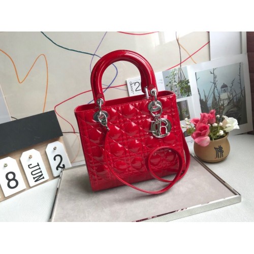 LADY DIOR MY ABCDIOR Lakovaná kožená kabelka červená M05389 stříbrná