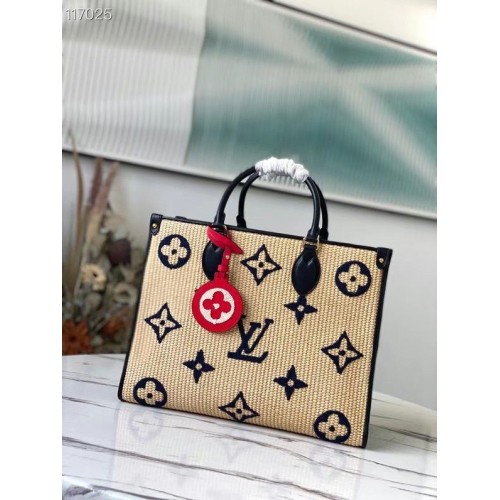 Louis Vuitton Onthego Monogram Raffia Giant Weave Embroidery Medium Tote Bag M57723 Modrá