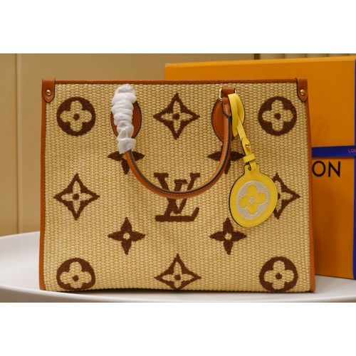 Louis Vuitton Onthego Monogram Raffia Giant Weave Embroidery Medium Tote Bag M57723 Hnědá
