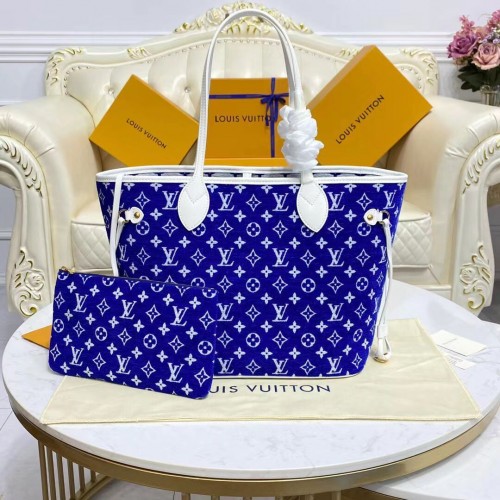 Louis Vuitton originální kožená monogramová plátěná kabelka Neverfull MM M46220 modrá