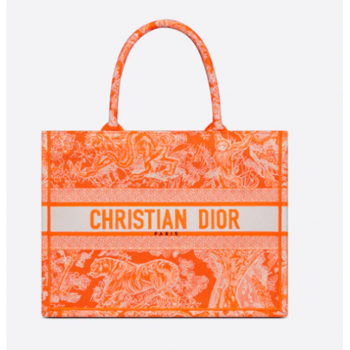 MEDIUM DIOR BOOK TOTE Fluorescentní oranžová Toile de Jouy Reverzní výšivka M1296ZROC