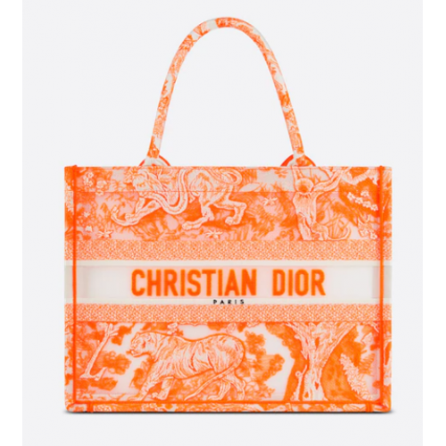 MEDIUM DIOR BOOK TOTE Fluorescent Orange Toile de Jouy Transparent Canvas M1296ZRVJ