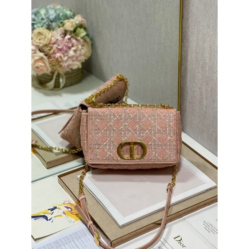 STŘEDNÍ DIOR CARO BAG Macrocannage Tweed Embroidery M9242 růžová