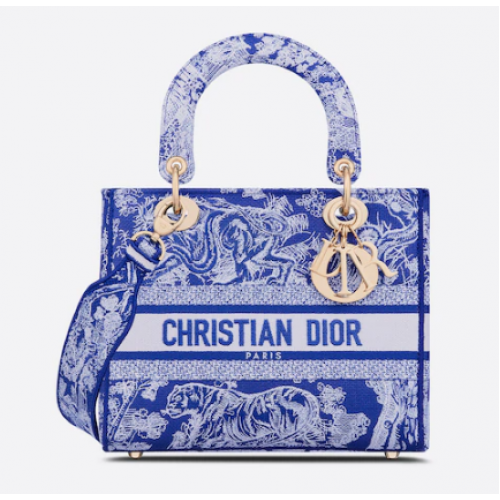 MEDIUM LADY D-LITE BAG Fluorescentní modrá Toile de Jouy reverzní výšivka M0565OROC