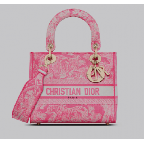 MEDIUM LADY D-LITE BAG Fluorescenční růžová Toile de Jouy Reverse Embroidery M0565OROC