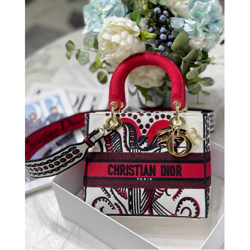 STŘEDNÍ DÁMSKÁ KABELA D-LITE M8002 Červená vícebarevná výšivka Dior Arabesque