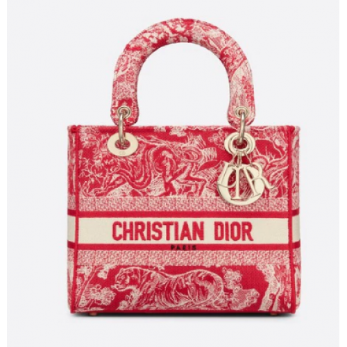 MEDIUM LADY D-LITE BAG Raspberry Toile de Jouy Reverse Embroidery M0565OR