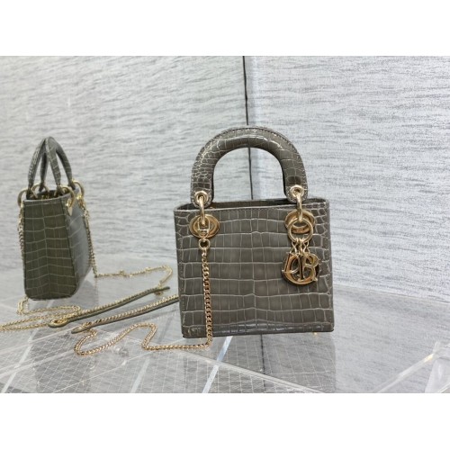 MINI LADY DIOR KABELKA Cannage z krokodýlí telecí kůže C0966 šedá