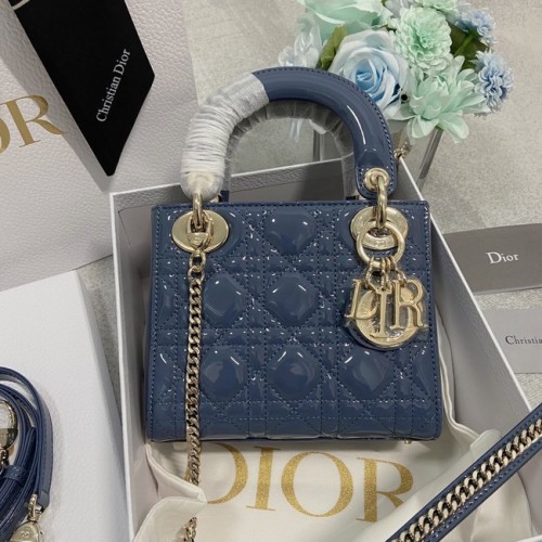 MINI DÁMSKÁ KABELKA DIOR z lakované telecí kůže Cannage M0566OW modro-zlatá