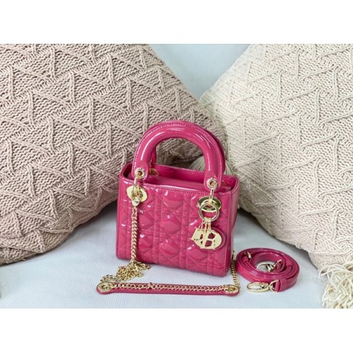 MINI LADY DIOR BAG růžová lakovaná telecí kůže Cannage M0566OW zlatá kování