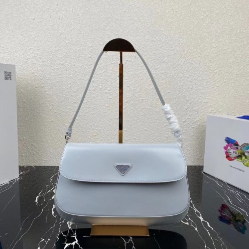 Prada Cleo kabelka přes rameno z kartáčované kůže s klopou 1BH276 světle modrá