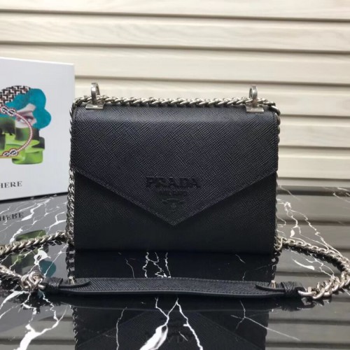 Prada monochromatická saffiano kožená kabelka 1BD127 černá