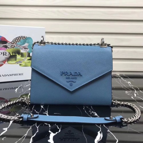 Prada monochromatická saffiano kožená kabelka 1BD127 světle modrá