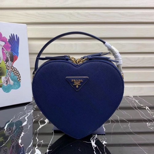 Prada Saffiano Original Leather Tote Heart Bag 1BH144 Modrá