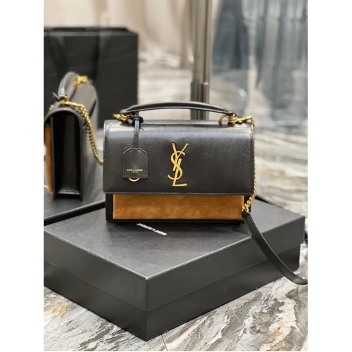 Střední vrchní rukojeť Saint Lauren Sunset z hladké kůže 634723, černá a hnědá