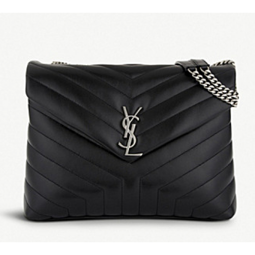 Středně prošívaná kožená kabelka přes rameno SAINT LAURENT Loulou Monogram 74558 černá