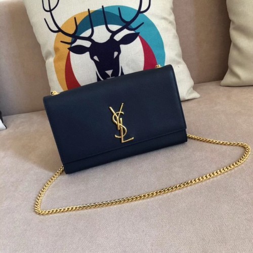 Středně velká kožená kabelka přes rameno SAINT LAURENT Monogram Kate s oblázkovým vzorem 354021 tmavě modrá