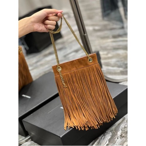 MALÁ ŘETÍZKOVÁ KABELKA SAINT LAURENT ZE SVĚTLÉHO SEMIŠE S TŘÁSNĚMI 683378 hnědá