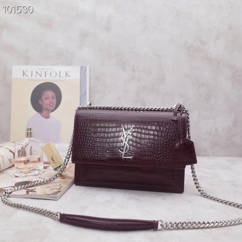 SAINT LAURENT Kožená kabelka přes rameno s reliéfním vzorem krokosmíků Sunset 442906 vínová