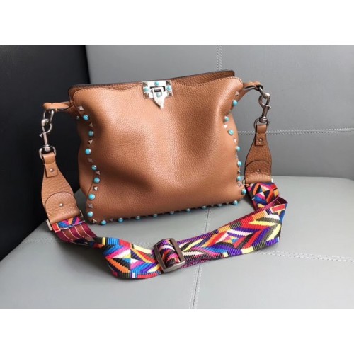 VALENTINO Rockstud kožená kabelka přes rameno 50031-2 hnědá