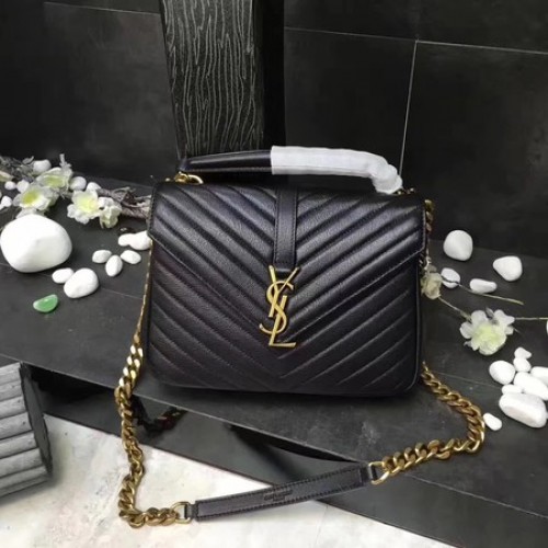 YSL Klasická monogramovaná černá kožená kabelka s klopou Y392737 zlatá