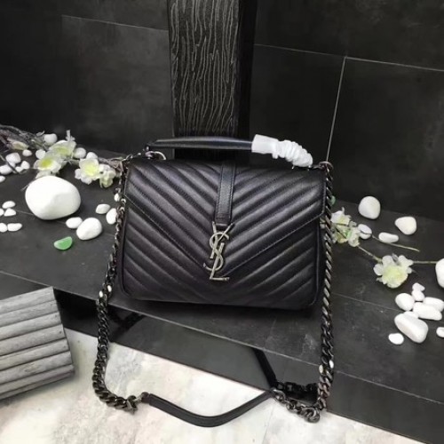 YSL Klasická monogramová černá kožená kabelka s klopou Y392737 stříbrná