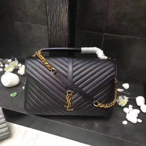 YSL Klasická monogramová černá kožená kabelka s klopou Y392738 zlatá
