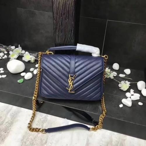 YSL Klasická monogramová modrá kožená kabelka s klopou Y392737 zlatá