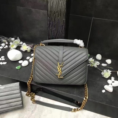 YSL Klasická monogramová kožená kabelka s klopou šedá Y392737 zlatá