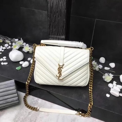 YSL Klasická monogramovaná bílá kožená kabelka s klopou Y392737 zlatá