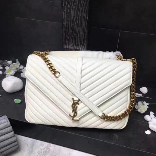 YSL Klasická monogramovaná bílá kožená kabelka s klopou Y392738 zlatá